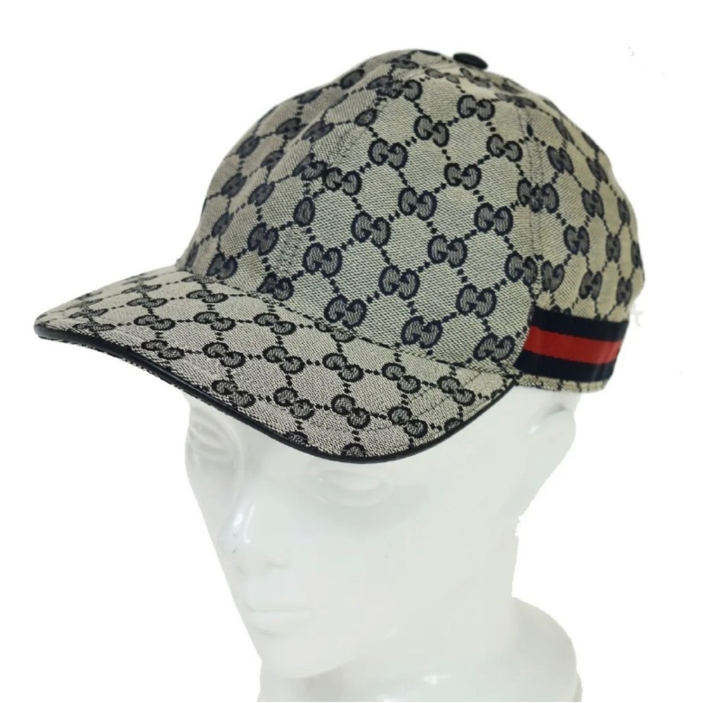 SOLD❤️ GUCCI Logo Sherry GG Pattern Cap Canvas Leather Blue
